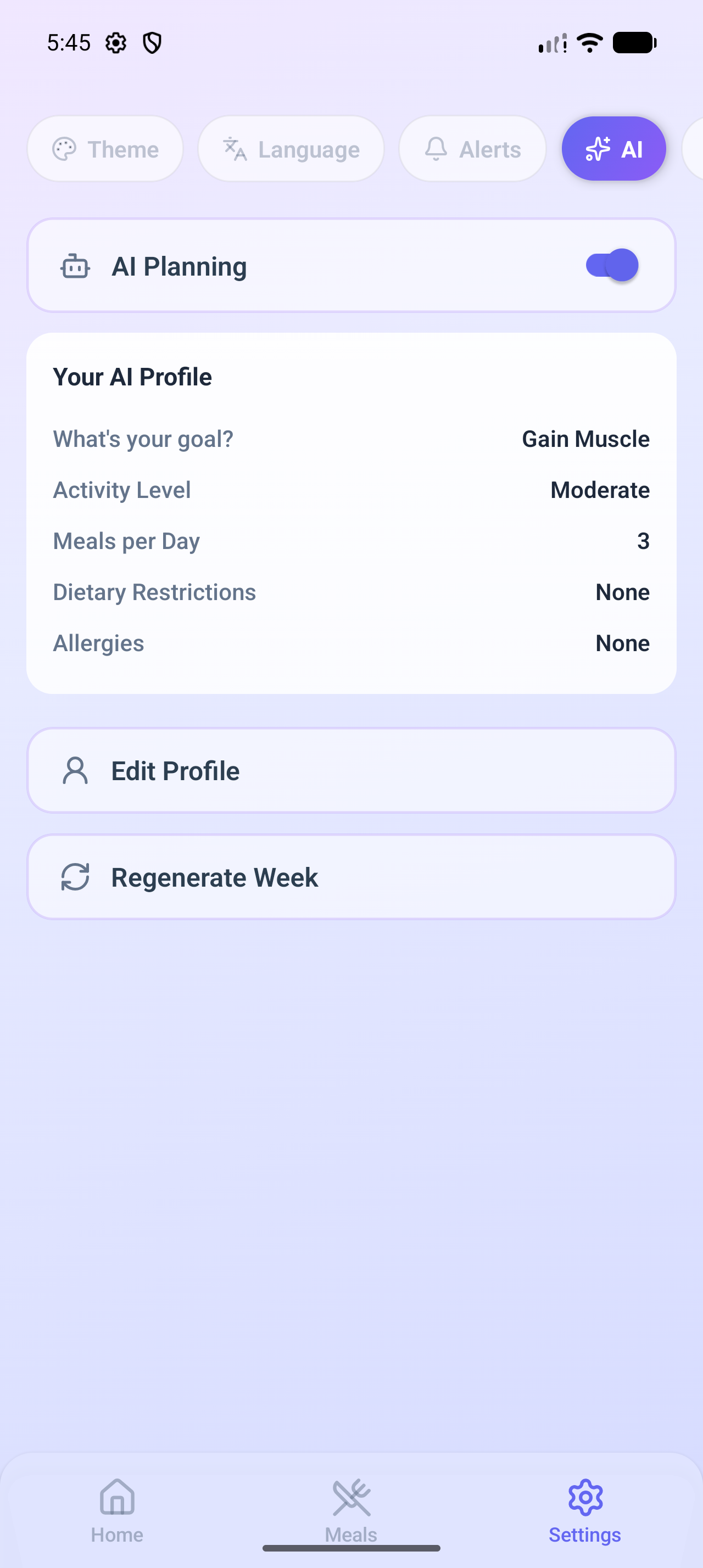 Mealix AI profile settings